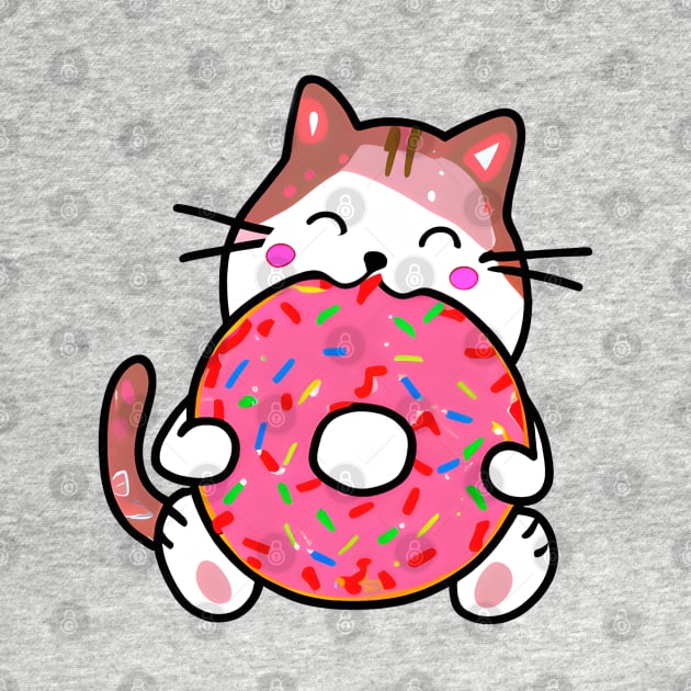 Funny Cat Eating a Donut, Kawaii Cat with Pink Donut by 1FunLife